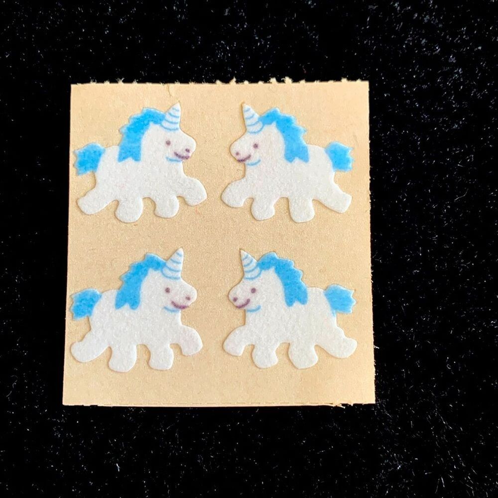 Sandylion FUZZY UNICORNS, WHITE & BLUE - Square of Vintage RARE Stickers